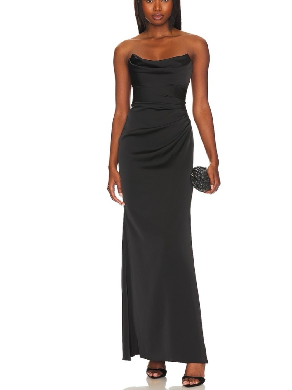 Katie May Black Strapless Draped Evening Gown